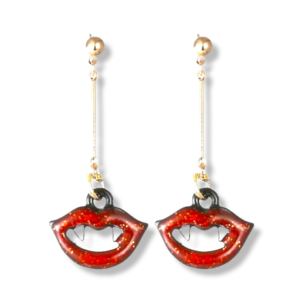 Bundle 2 pairs 1 red 1 pink sparkly crystal vampire teeth lips earrings